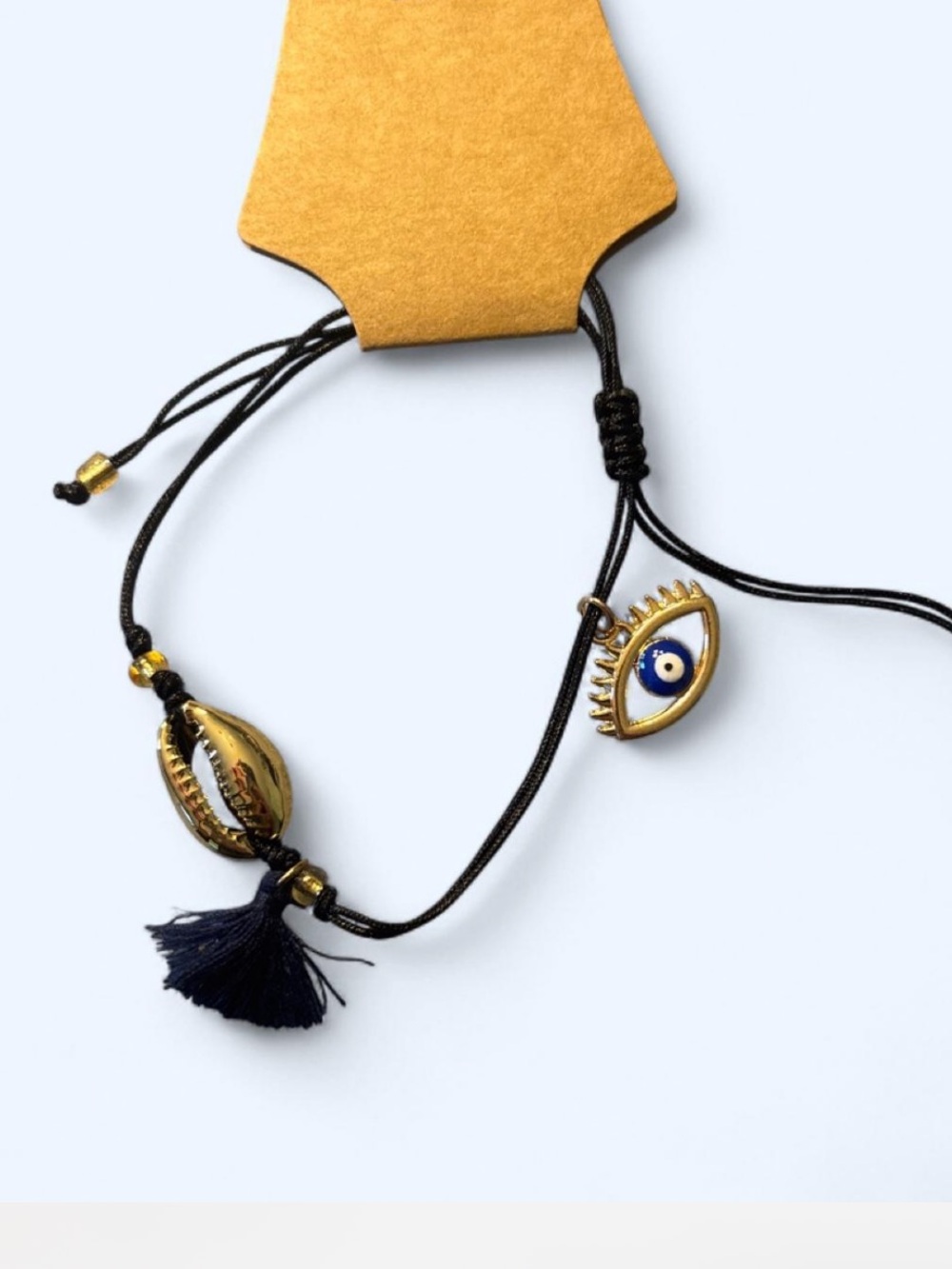 Gold Evil Eye & Shell Adjustable Anklet in Black